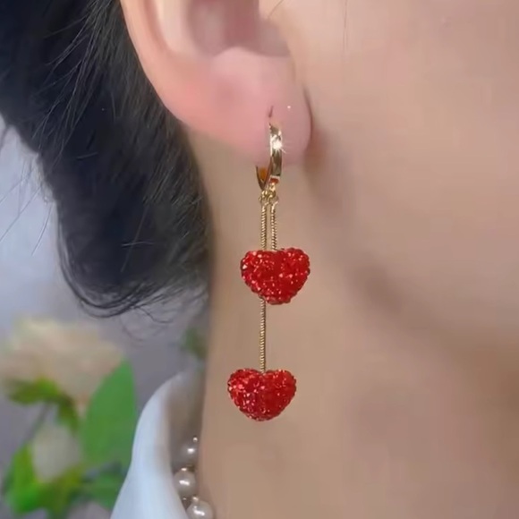 Glam Red Heart Drop Gold Earrings - Picture 6 of 6